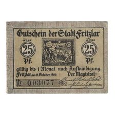 Banknote, Germany, Fritzlar Stadt, 25 Pfennig, paysage, 1920, 1920-10-11