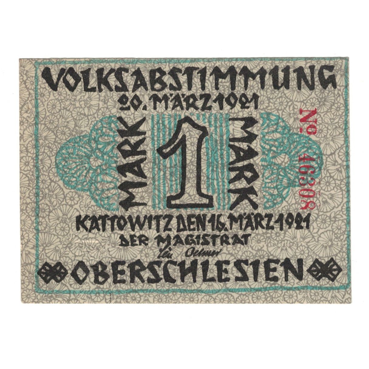 Billet, Allemagne, Kattowitz Stadt, 1 Mark, valeur faciale, 1921, 1921-05-15