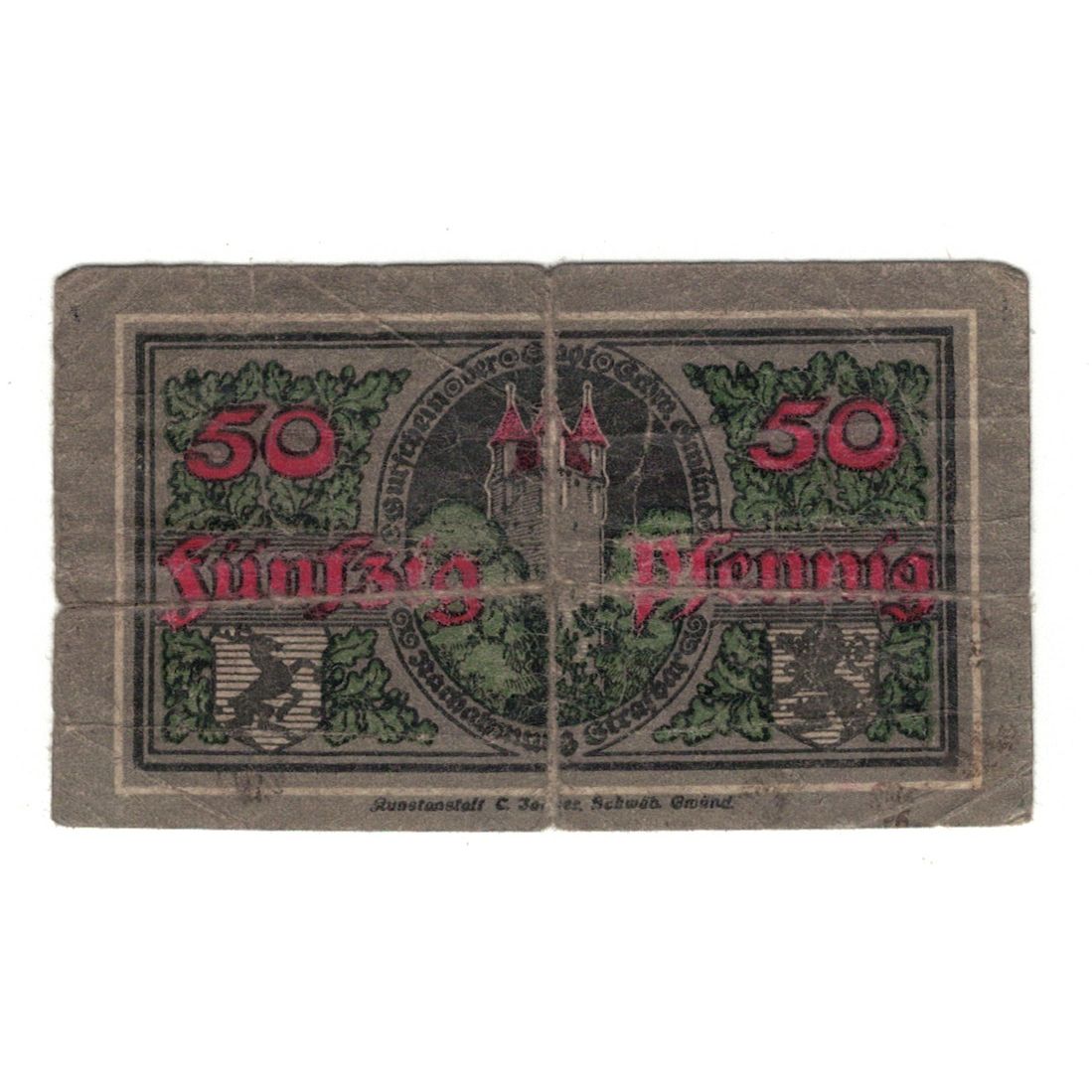 Banknote, Germany, Schwäbisch-Gmünd Stadt, 50 Pfennig, Batiment, 1921