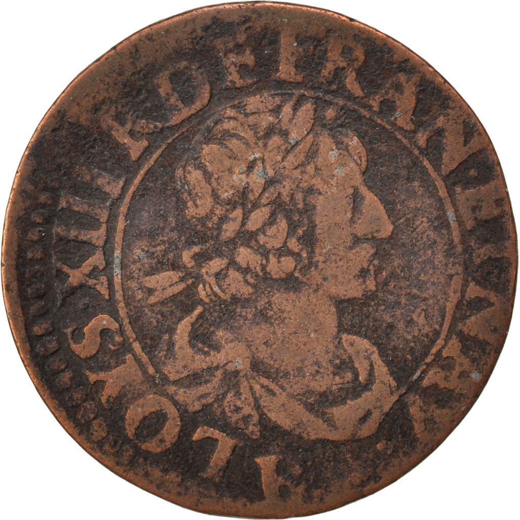 Moneta, Francia, Louis XIII, Double tournois, buste laurée et drapé, Double