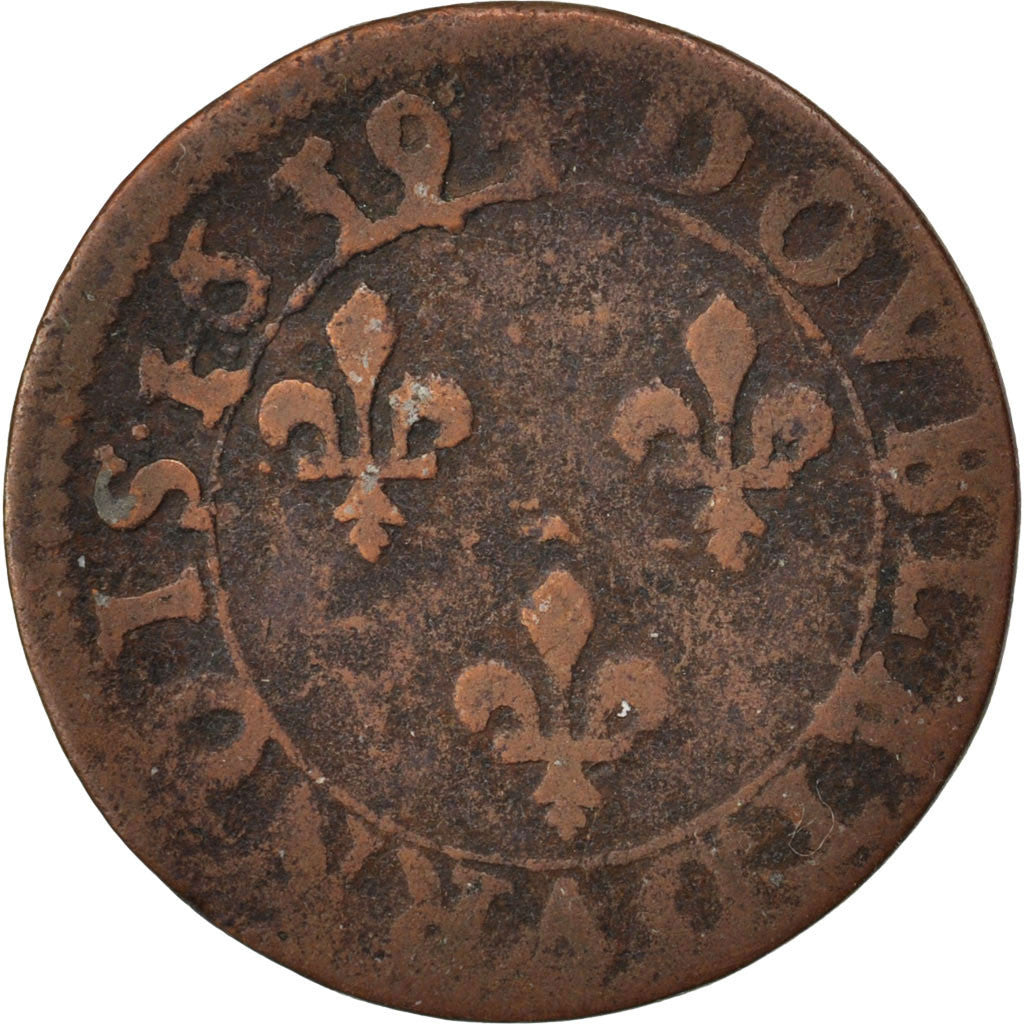 Moneta, Francia, Louis XIII, Double tournois, buste laurée et drapé, Double