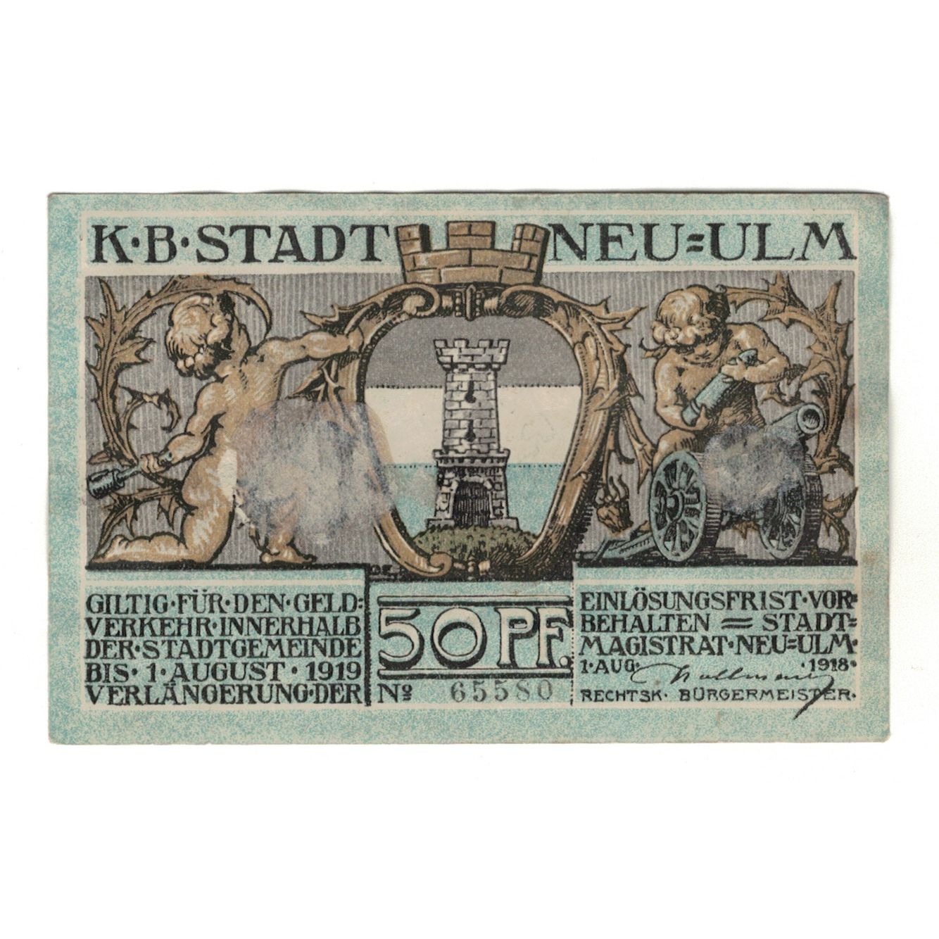 Billet, Allemagne, Neu-Ulm Stadt, 50 Pfennig, Cherubins, 1919, 1919-08-01, TTB