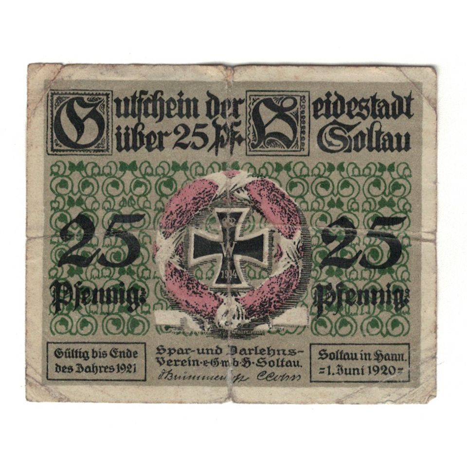 Billet, Allemagne, Soltau Spar und Darlehnsverein Soltau E.G.m.b.h, 25 Pfennig