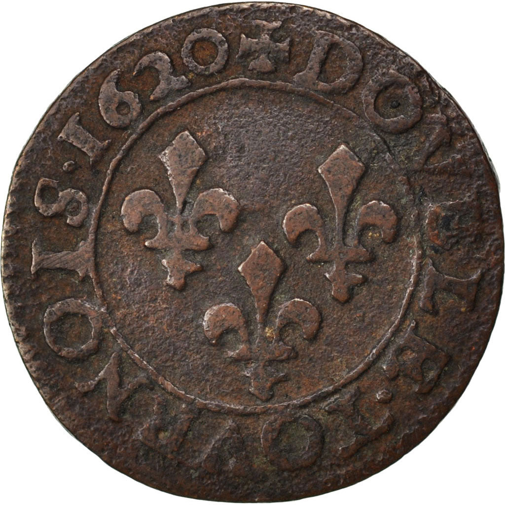FRANCE, Double tournois, buste enfantin, Double Tournois, 1620, Poitiers, KM...