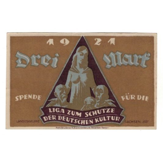 Banknote, Germany, Glauchau Liga zum Schutze der Deutschen Kultur, 3 Mark