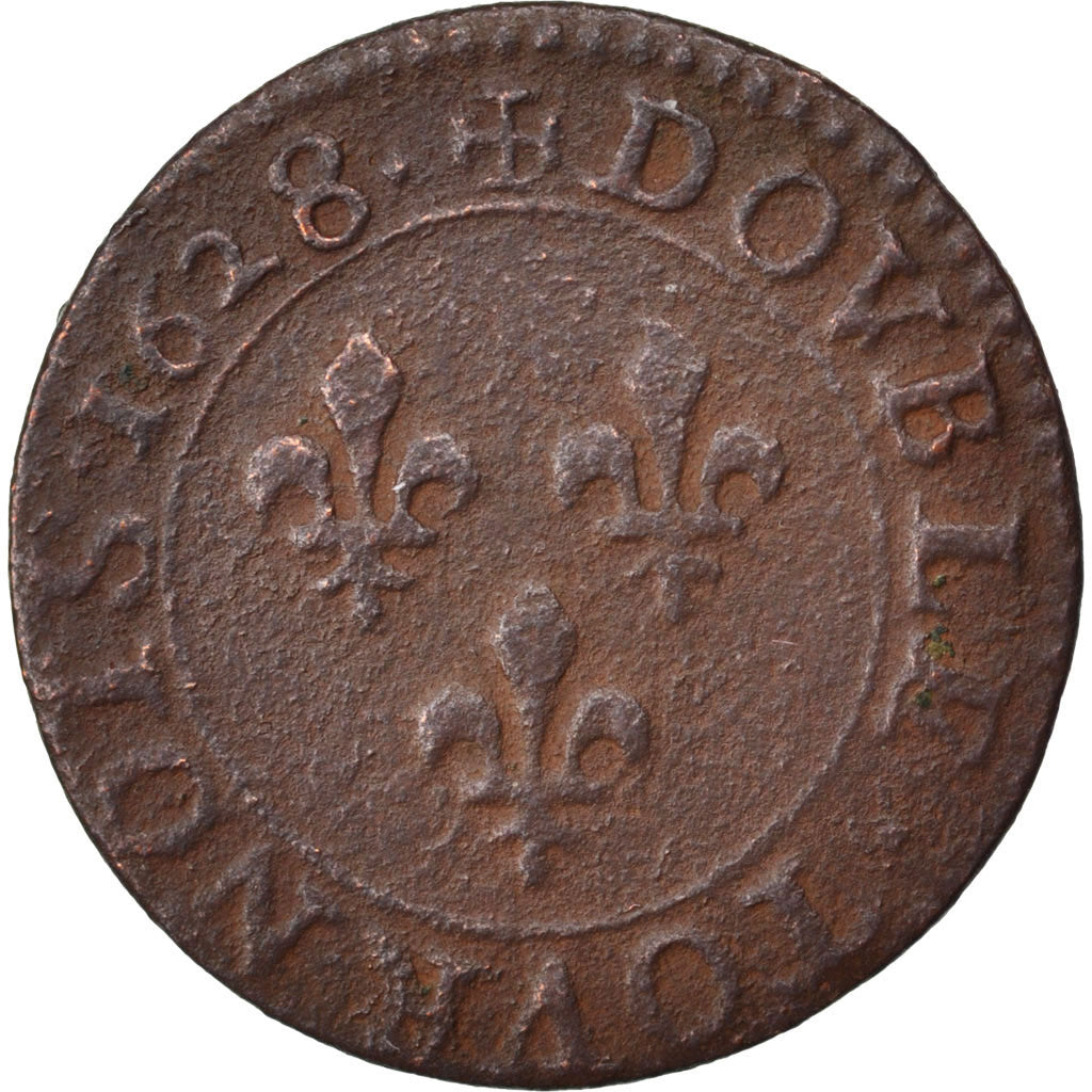 FRANCE, Double tournois, buste juvénile au col fraisé , Double Tournois, 1628, P