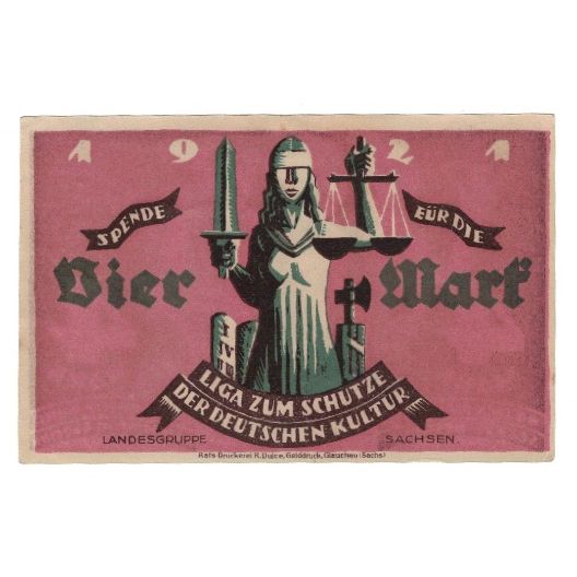 Banknote, Germany, Glauchau Liga zum Schutze der Deutschen Kultur, 4 Mark