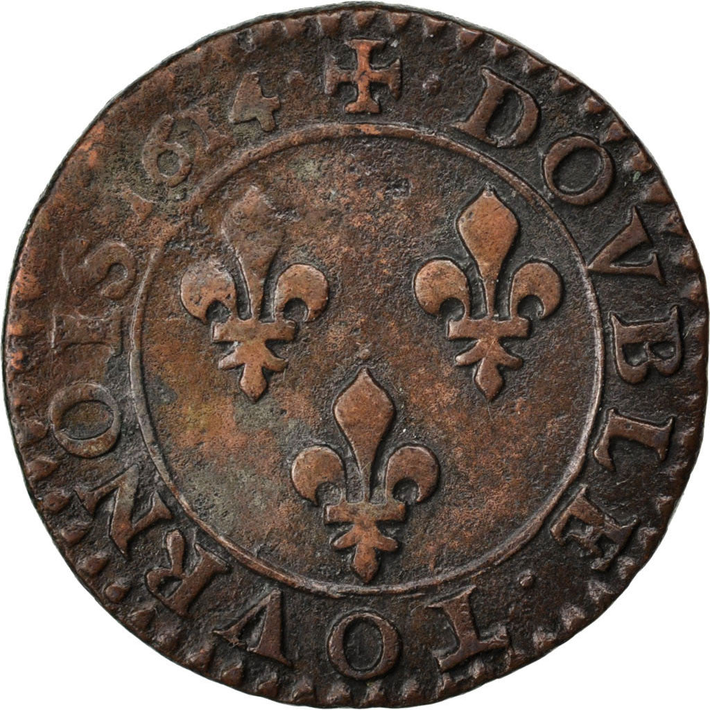 FRANCE, Double tournois, buste laurée et cuirassé, Double Tournois, 1614, Amiens