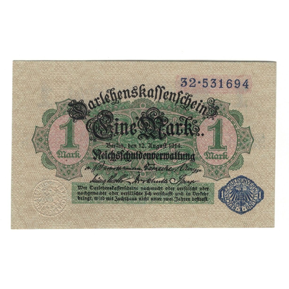 Banconote, Germania, Darlehnskassenschein (State Loan Currency Note), 1 Mark