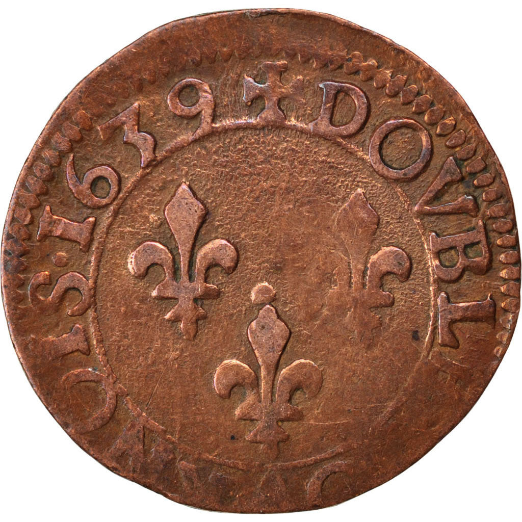 FRANCE, Double tournois, buste laurée et drapé, Double Tournois, 1639, Tours, KM