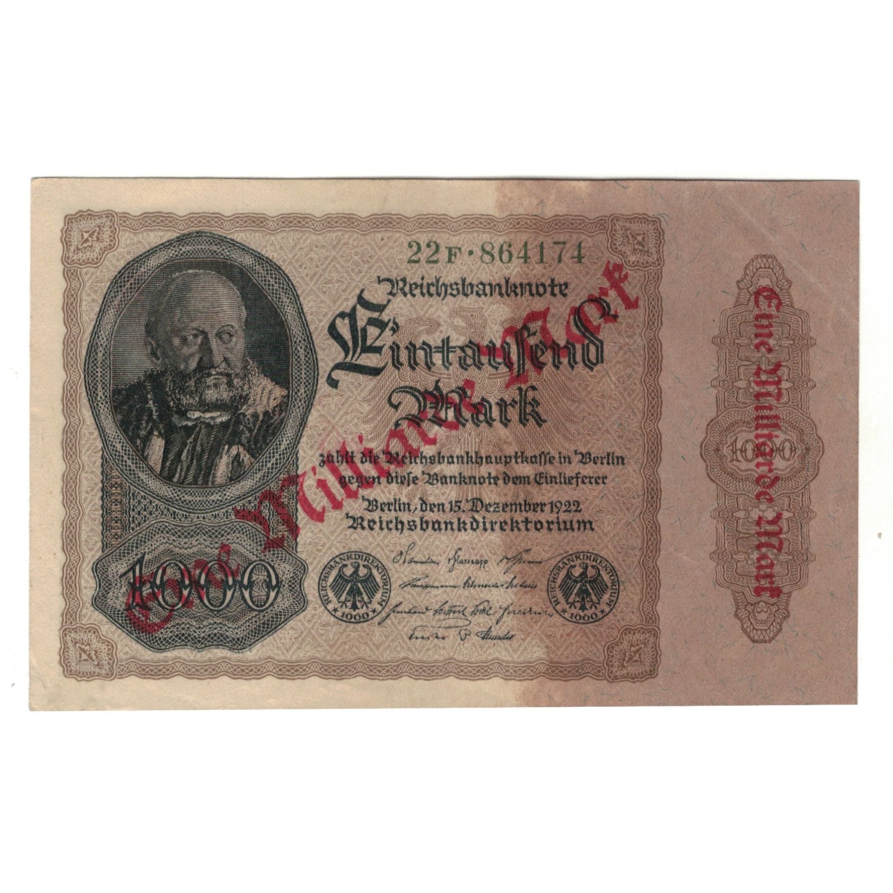 Banknote, Germany, 1 Milliarde Mark on 1000 Mark, 1922, 1922-12-15, AU(50-53)