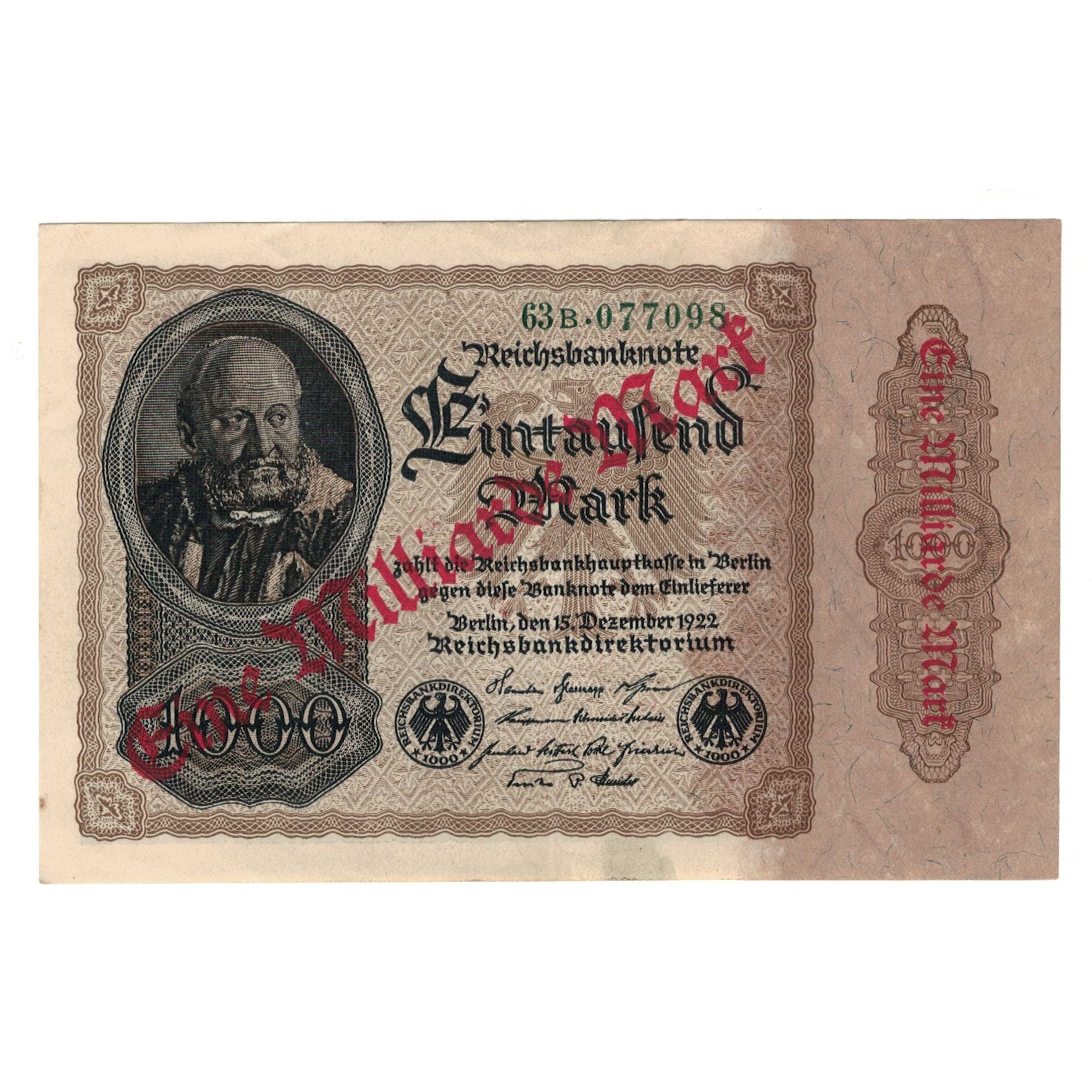 Banknote, Germany, 1 Milliarde Mark on 1000 Mark, 1922, 1922-12-15, AU(50-53)