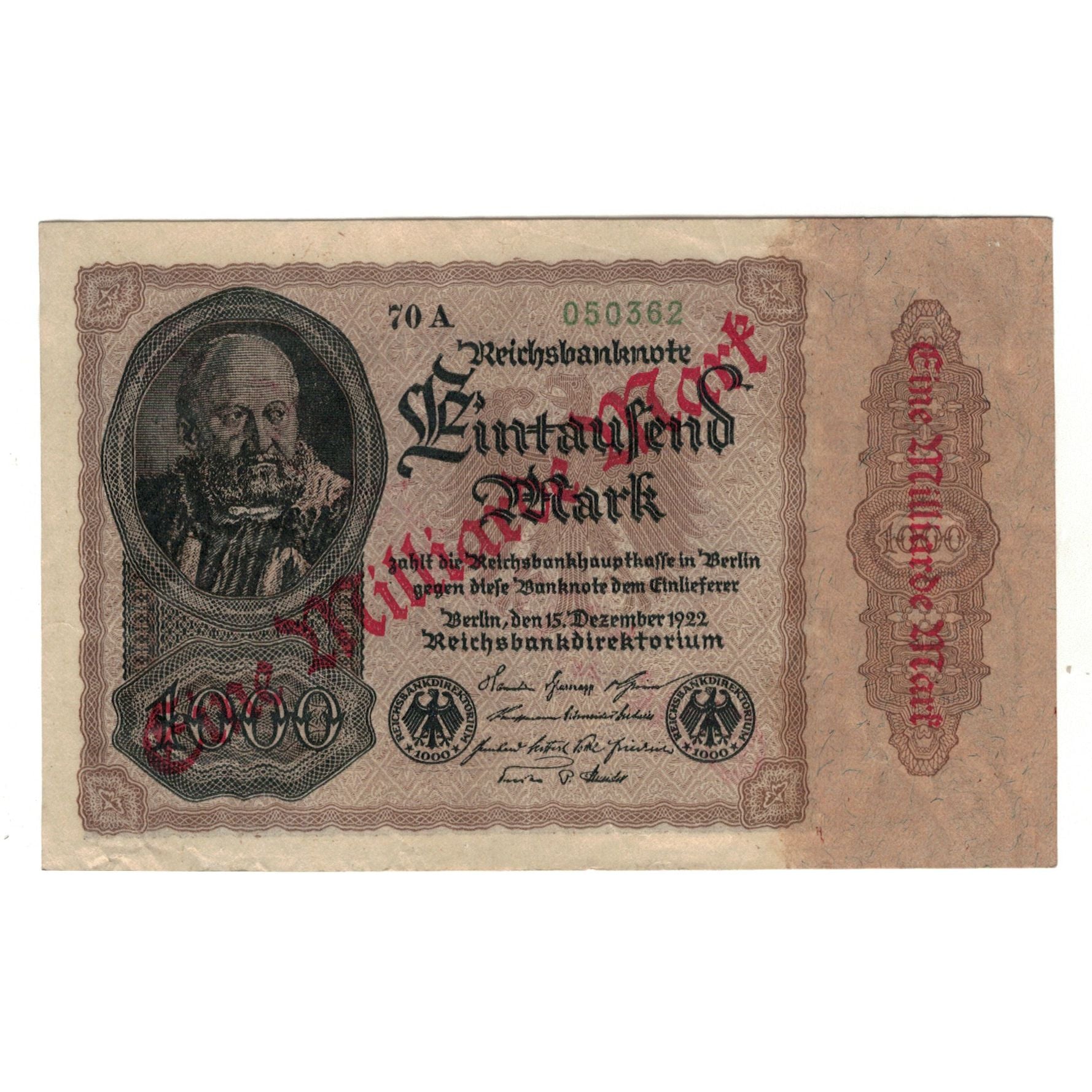 Banknote, Germany, 1 Milliarde Mark on 1000 Mark, 1922, 1922-12-15, AU(50-53)
