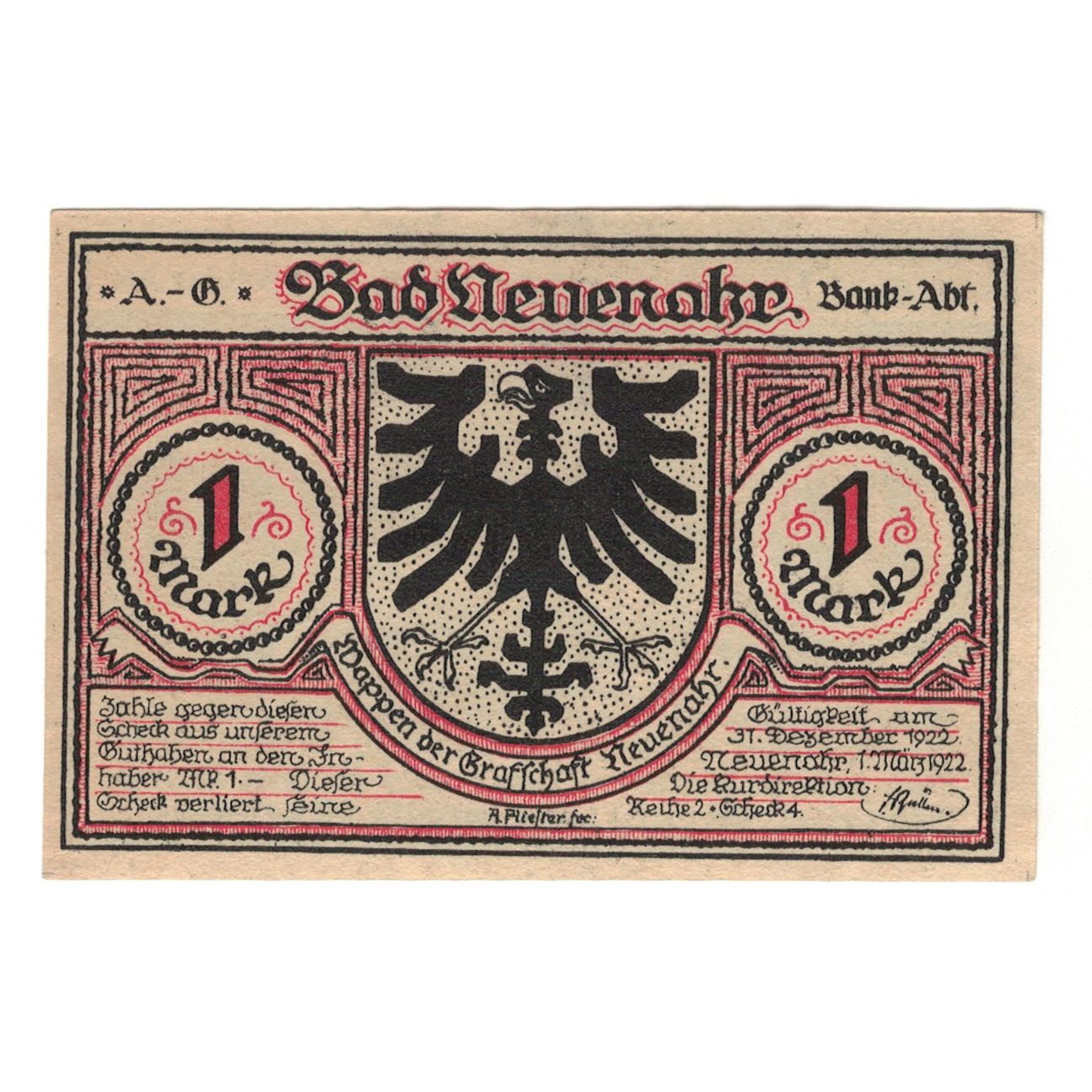 Banknote, Germany, Neuenahr, Bad Kurdirektion, 1 Mark, Batiment, 1922