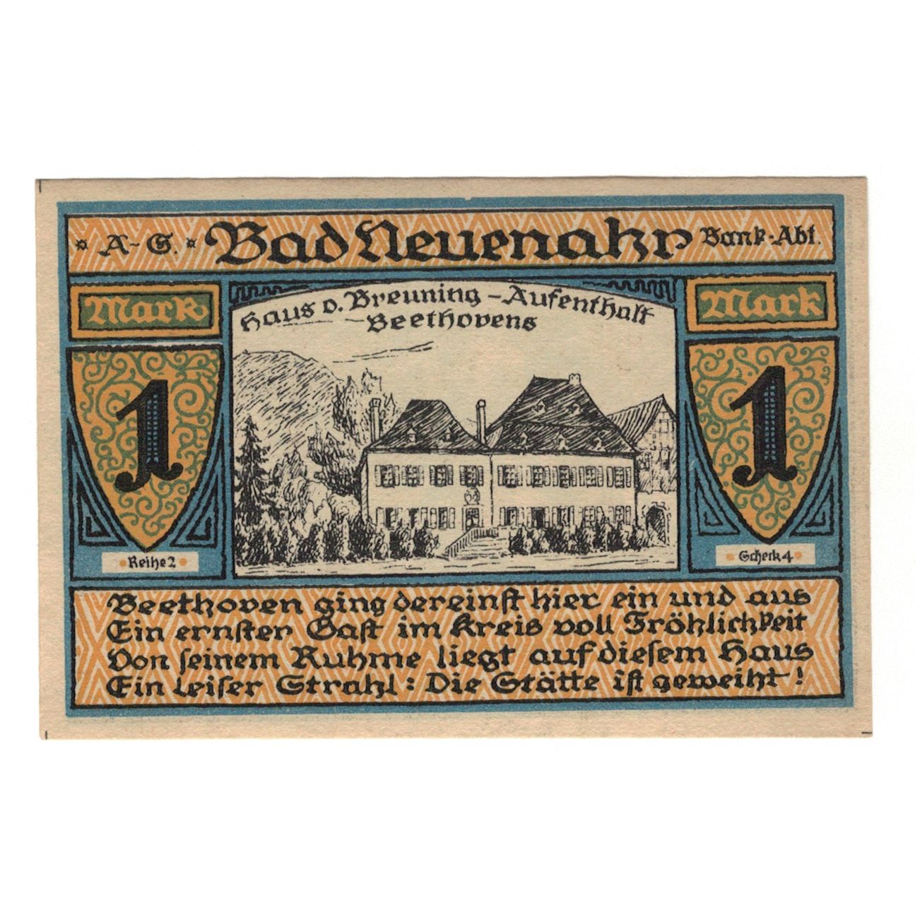 Banknote, Germany, Neuenahr, Bad Kurdirektion, 1 Mark, Batiment, 1922