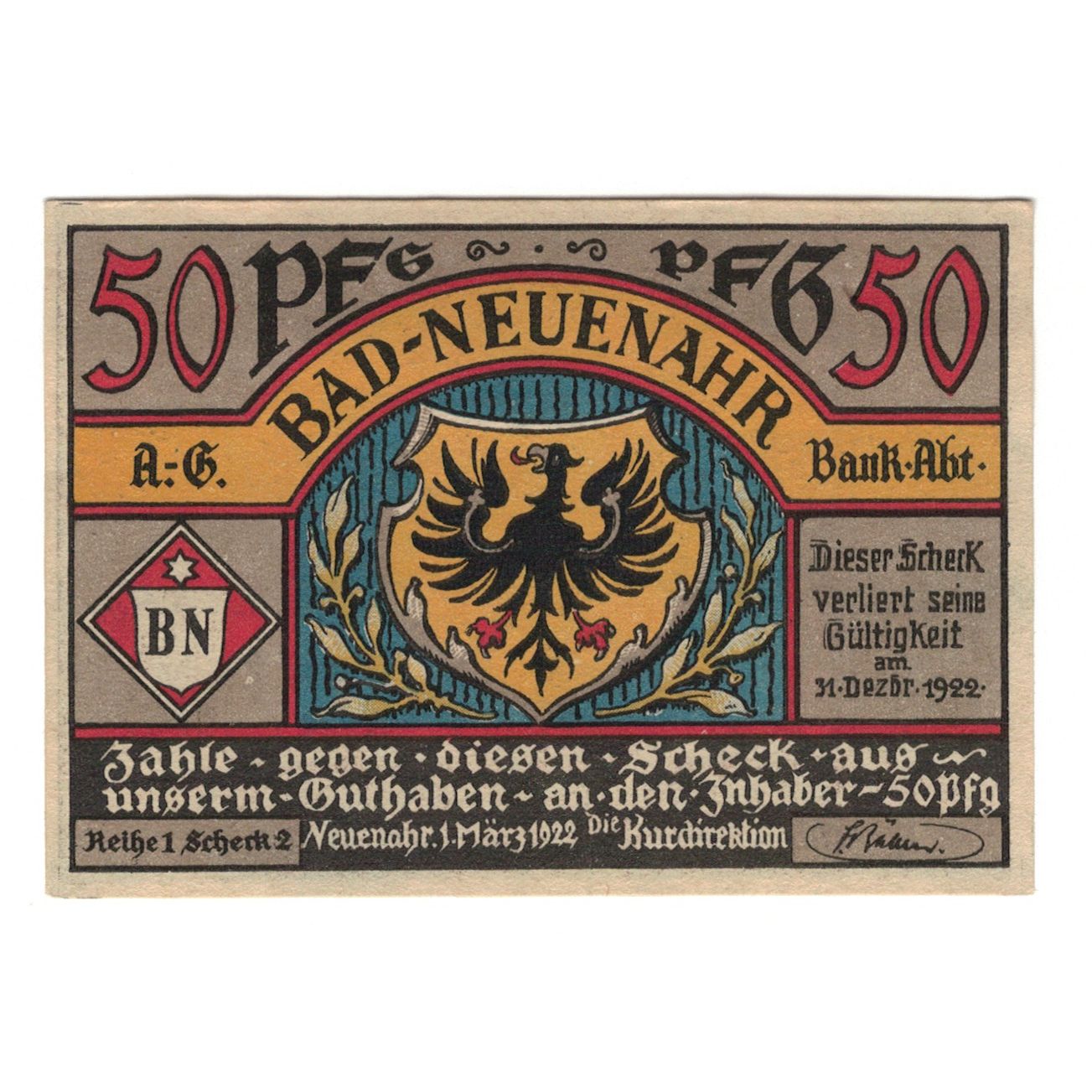 Banknot, Niemcy, Neuenahr, Bad Kurdirektion, 50 Pfennig, personnage 1, 1922