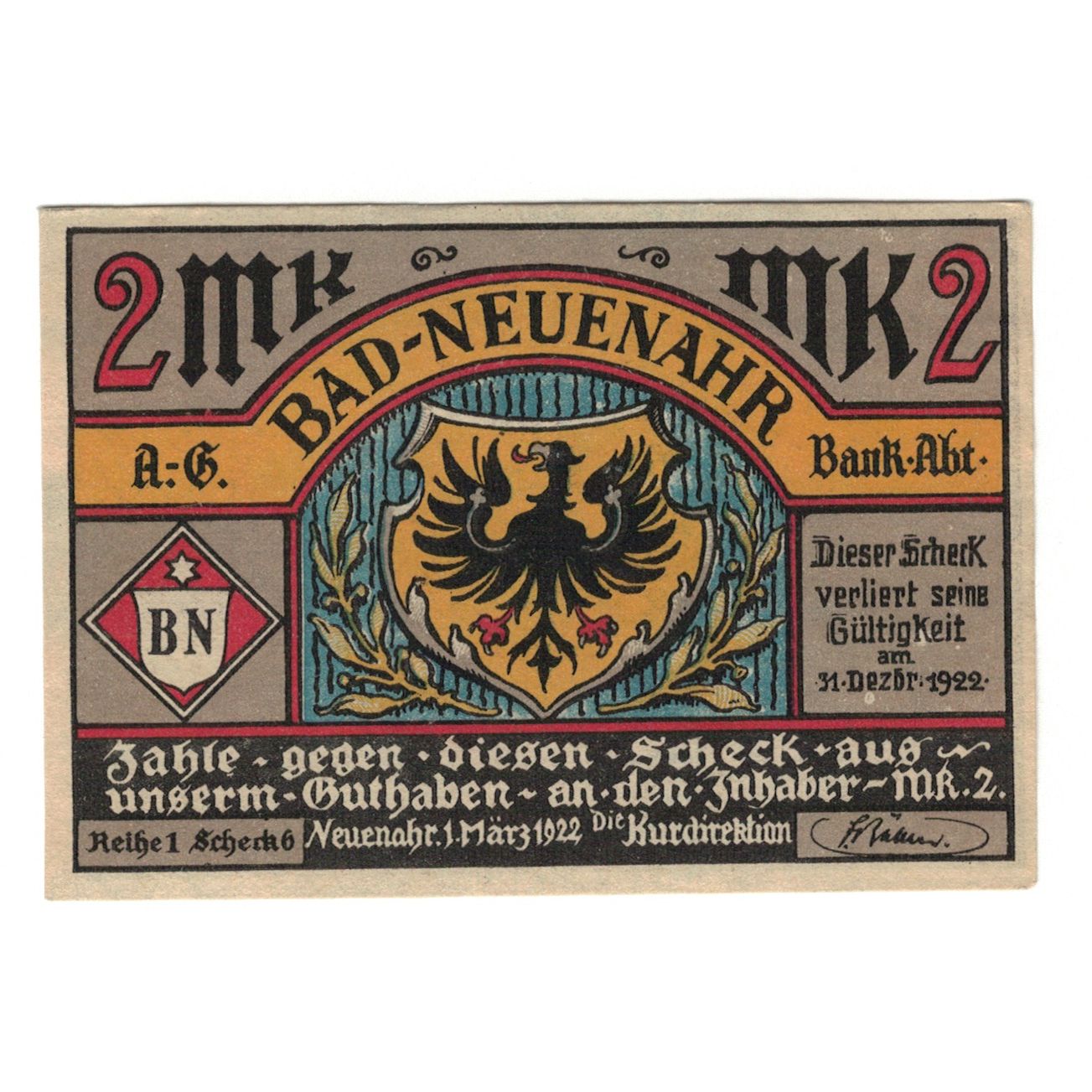 Banknote, Germany, Neuenahr, Bad Kurdirektion, 2 Mark, chevalier, 1922