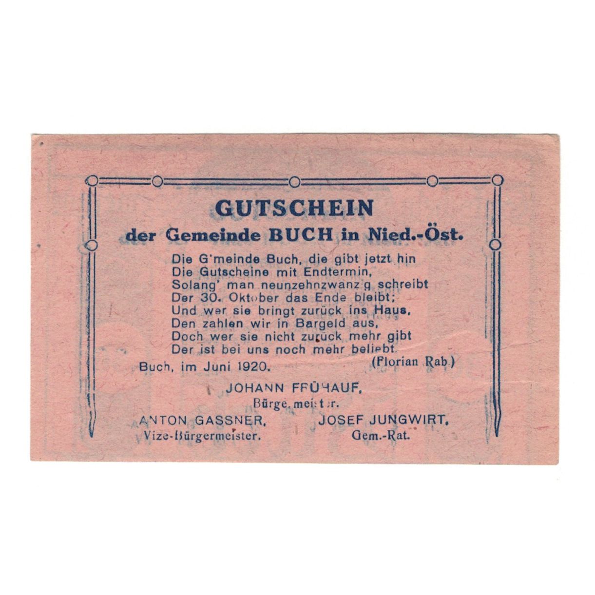 Banconote, Austria, Buch N.Ö. Gemeinde, 30 Heller, Texte, 1920, 1920-10-30