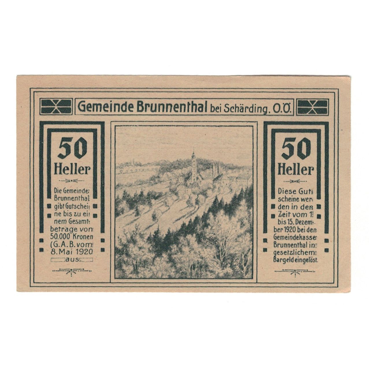 Banconote, Austria, Brunnenthal O.Ö. Gemeinde, 50 Heller, Texte, 1920