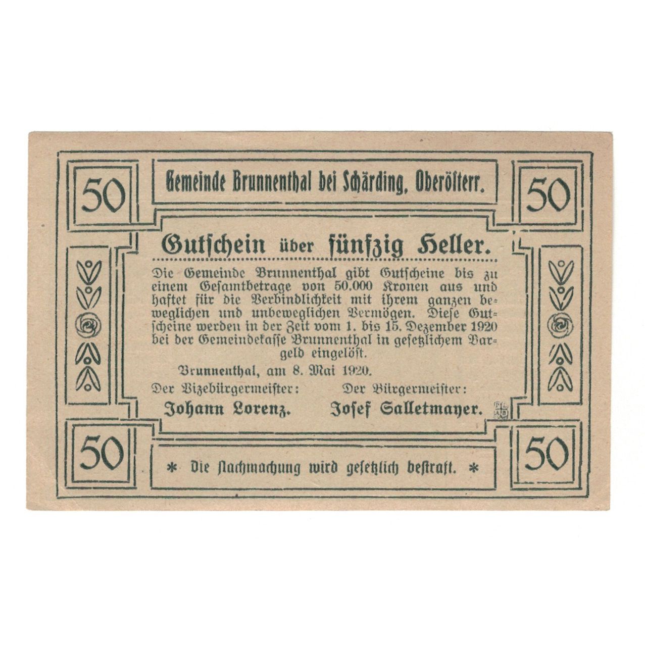 Banconote, Austria, Brunnenthal O.Ö. Gemeinde, 50 Heller, Texte, 1920