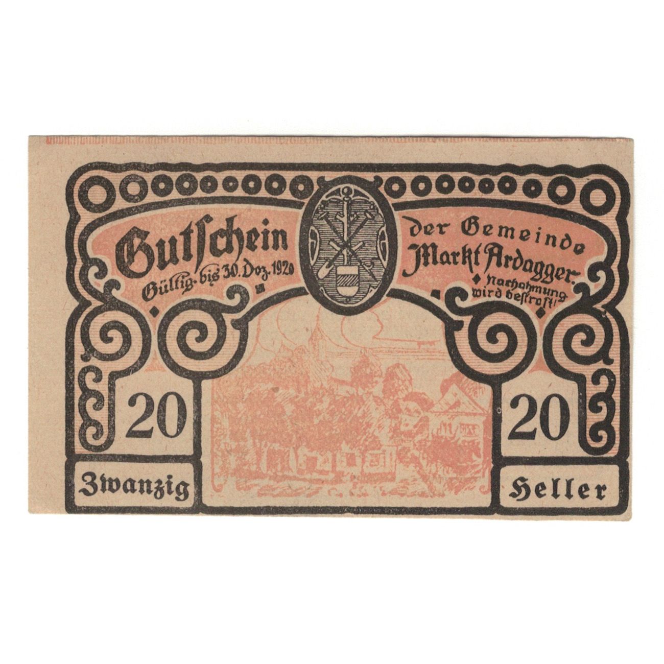 Banknote, Austria, Ardagger Markt N.Ö. Gemeinde, 20 Heller, Texte, 1920