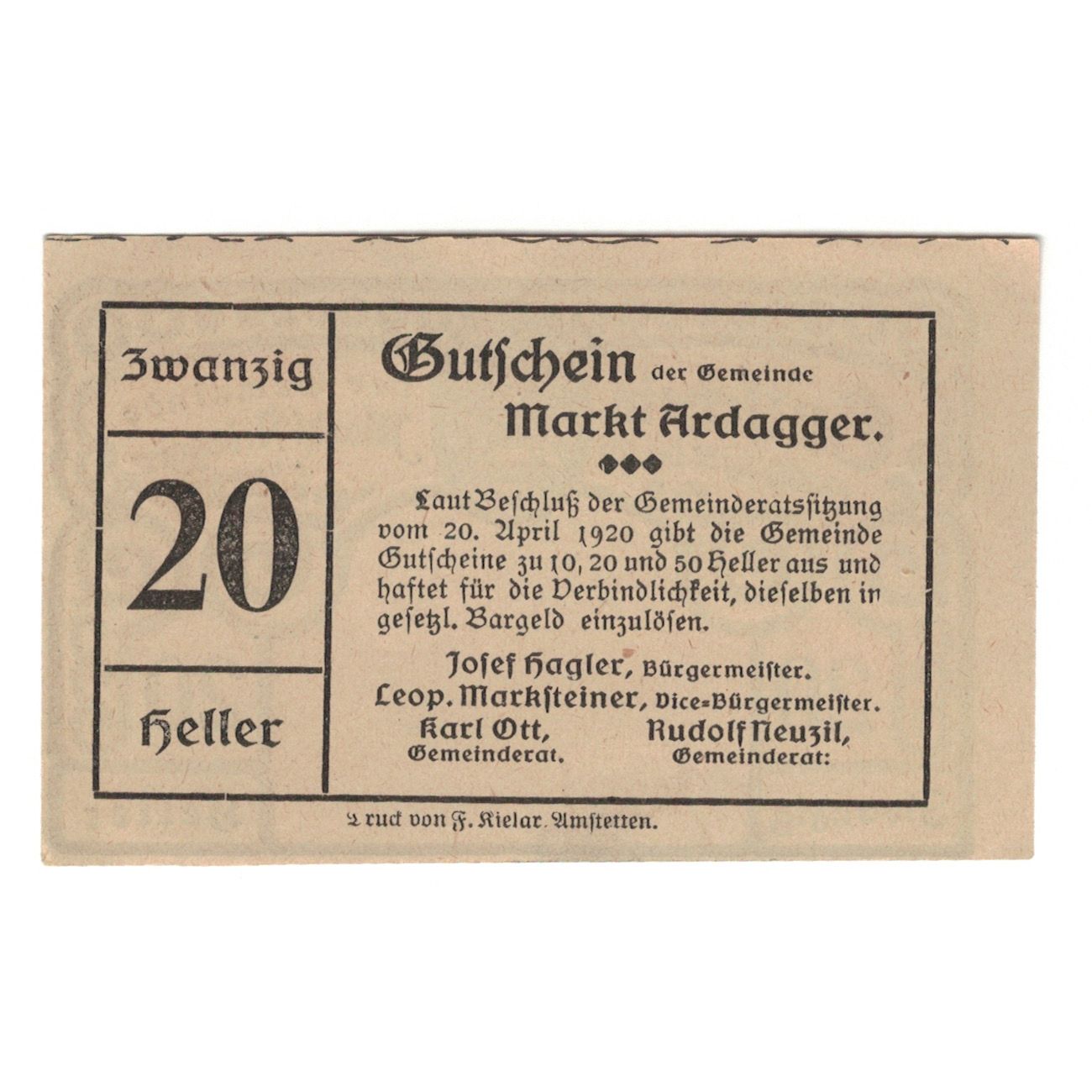 Banknote, Austria, Ardagger Markt N.Ö. Gemeinde, 20 Heller, Texte, 1920