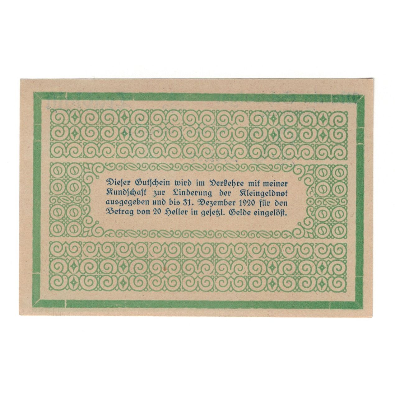Banknot, Austria, Tradigist Prv. Martin Schweiger, Kaufmann, 20 Heller, Texte