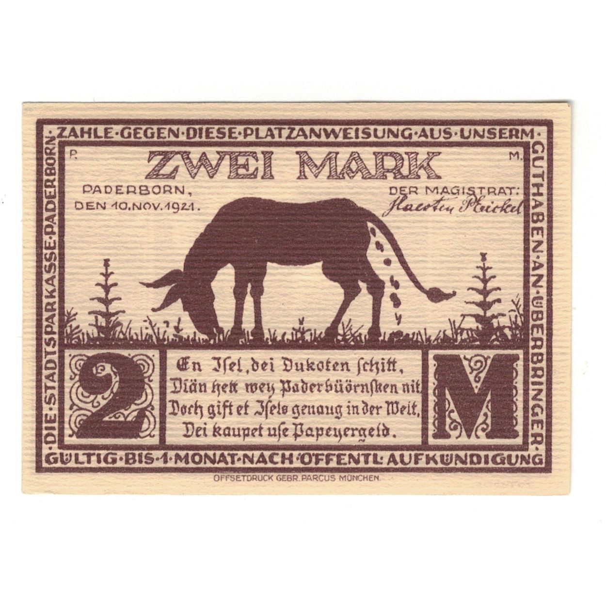 Banknote, Germany, Paderborn Stadt, 2 Mark, Animal 1, 1921, 1921-11-10