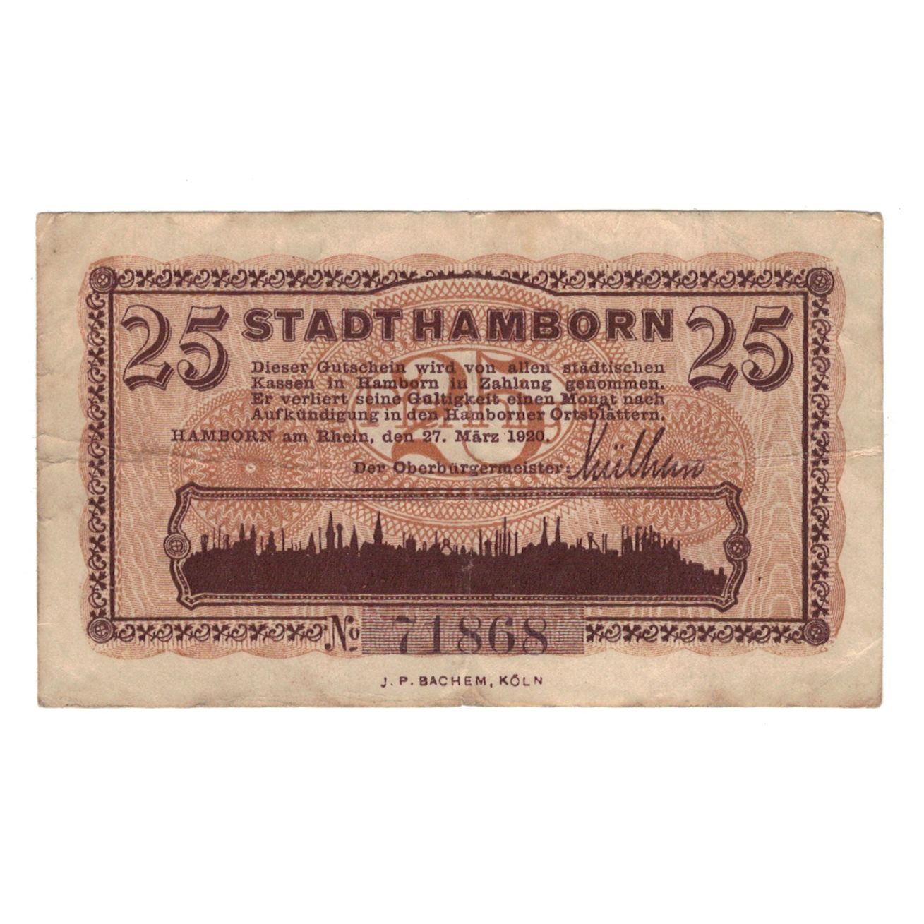 Banknote, Germany, Hamborn Stadt, 25 Pfennig, Blason, 1920, 1920-03-27