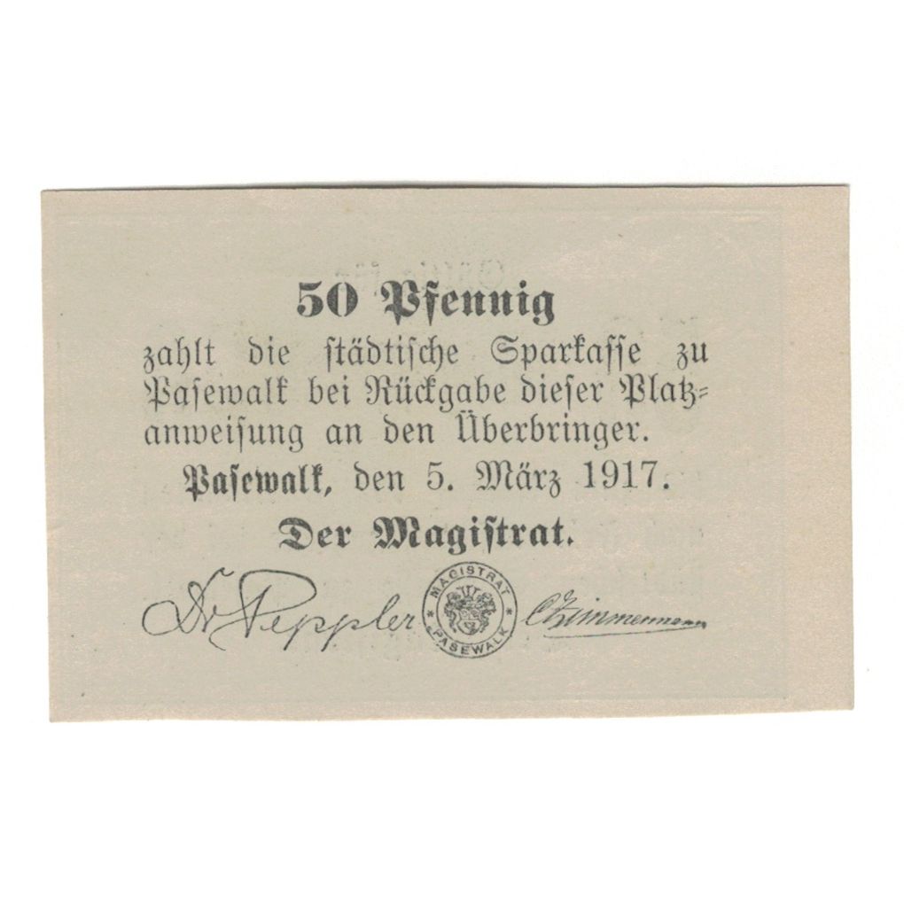 Banknote, Germany, Sparkasse Pasewalk, 50 Pfennig, Texte, 1917, 1917-03-05