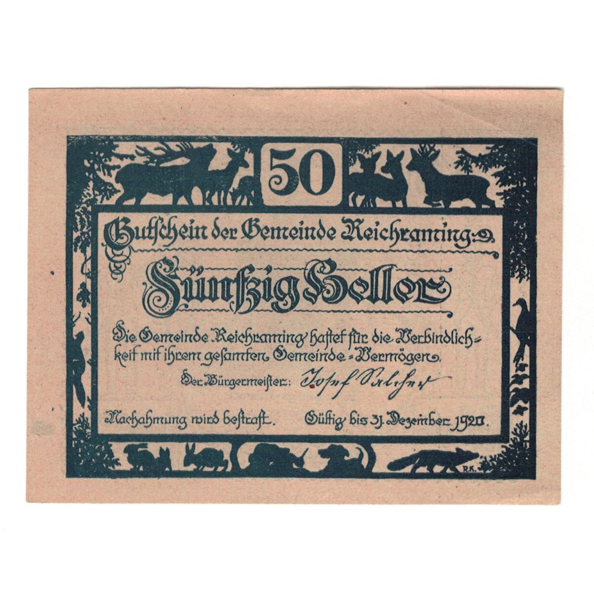 Geldschein, Österreich, Reichraming O.Ö. Gemeinde, 50 Heller, Hutte, 1920