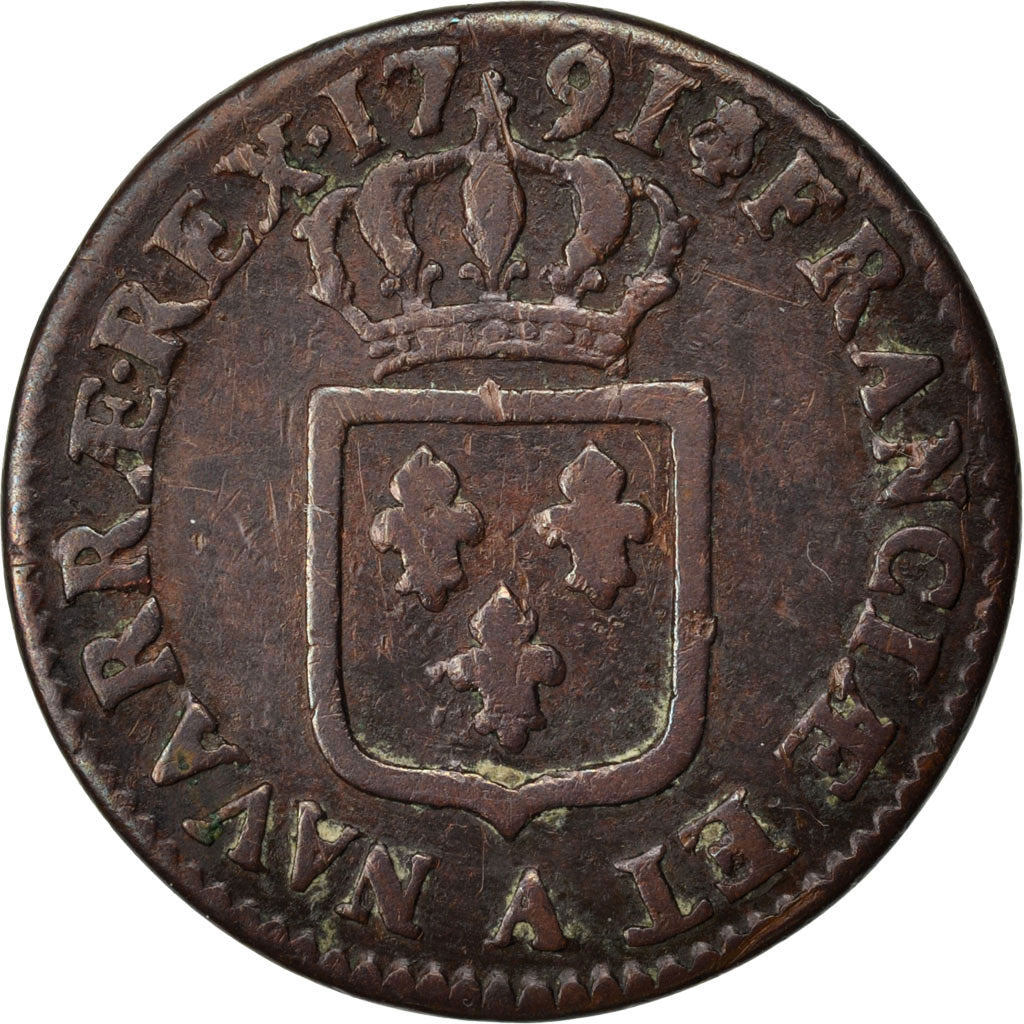 FRANCE, Sol ou sou, Sol, 1791, Paris, KM #578.1, EF(40-45), Copper, Gadoury...