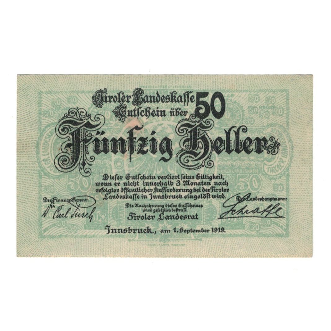 Nota, Áustria, Tiroler Landeskasse Tirol Land, 50 Heller, valeur faciale 1