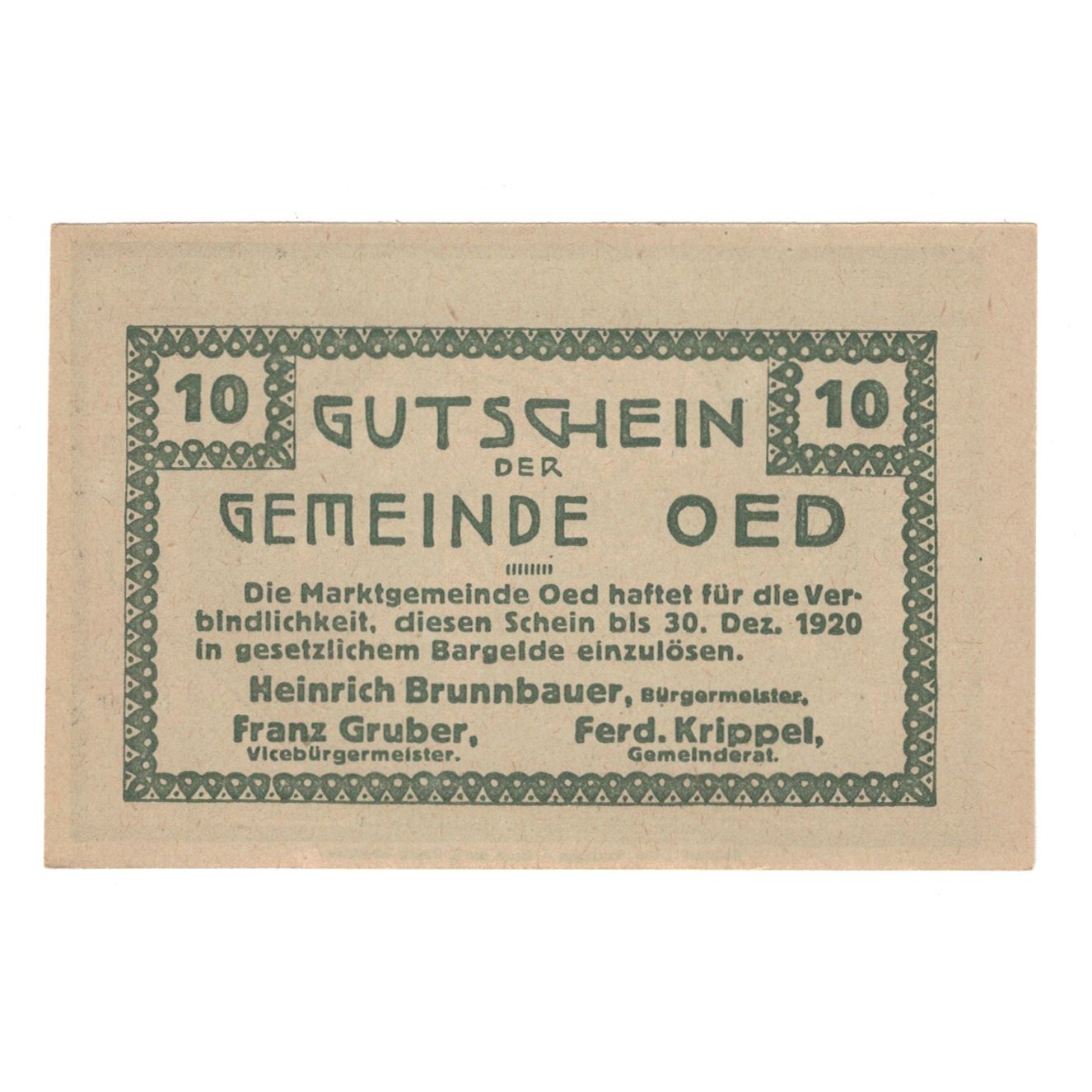 Banknote, Austria, Oed N.Ö. Marktgemeinde, 10 Heller, personnage 1, 1920