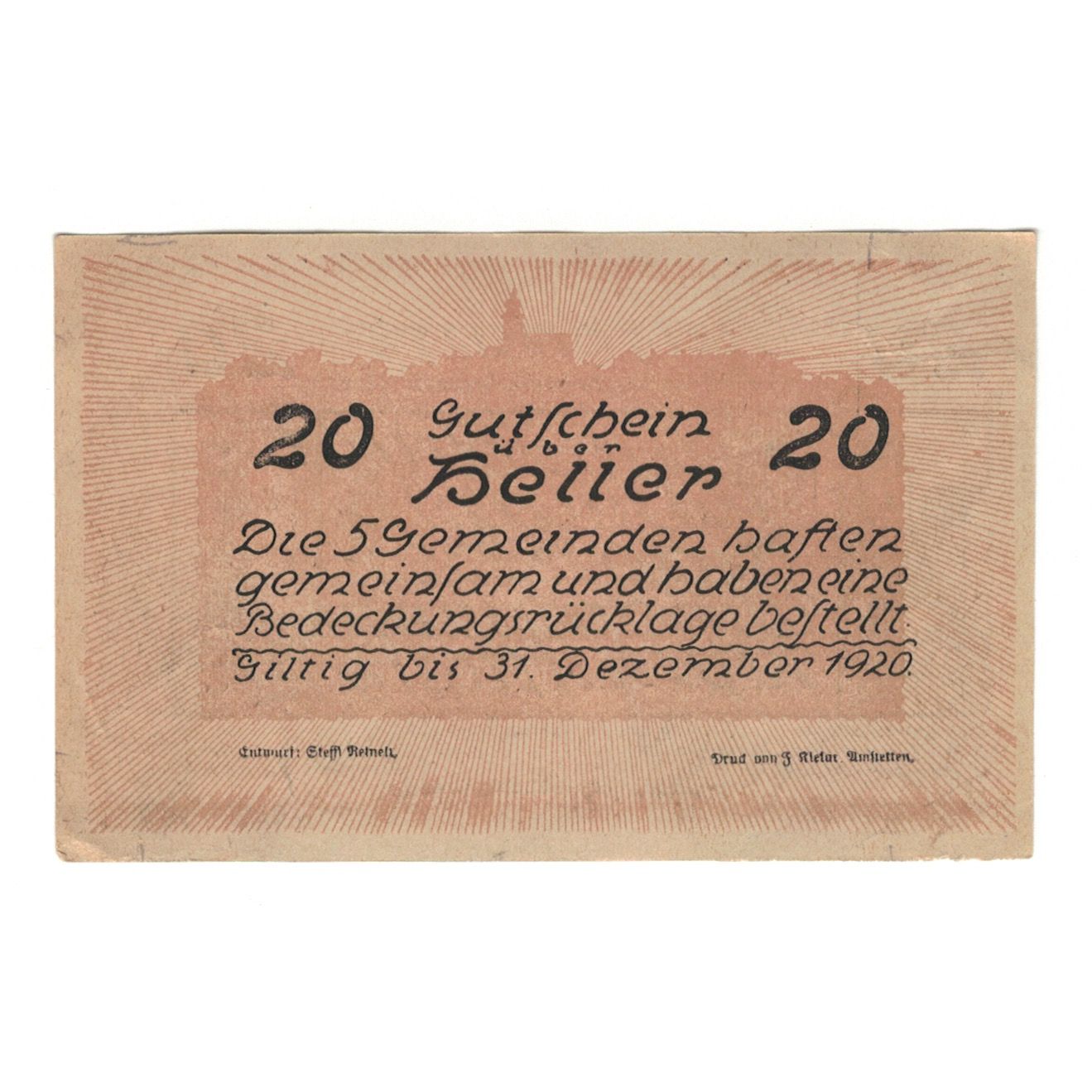 Banknote, Austria, Neustadtl Nabegg Judenhof Windpassing Kl. Wolfstein N.Ö. 1