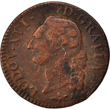 Moneda, Francia, Louis XVI, Sol, 1791, Lyon, BC+, Cobre, KM:602.2, Gadoury:350