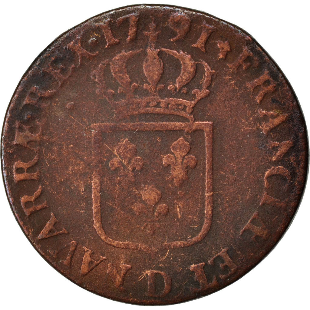 Coin, France, Louis XVI, Sol, 1791, Lyon, VF(20-25), Copper, KM:602.2