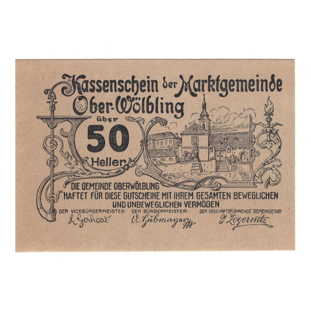 Banknote, Austria, Ober-Wölbling N.Ö. Marktgemeinde, 50 Heller, Texte 2, 1920
