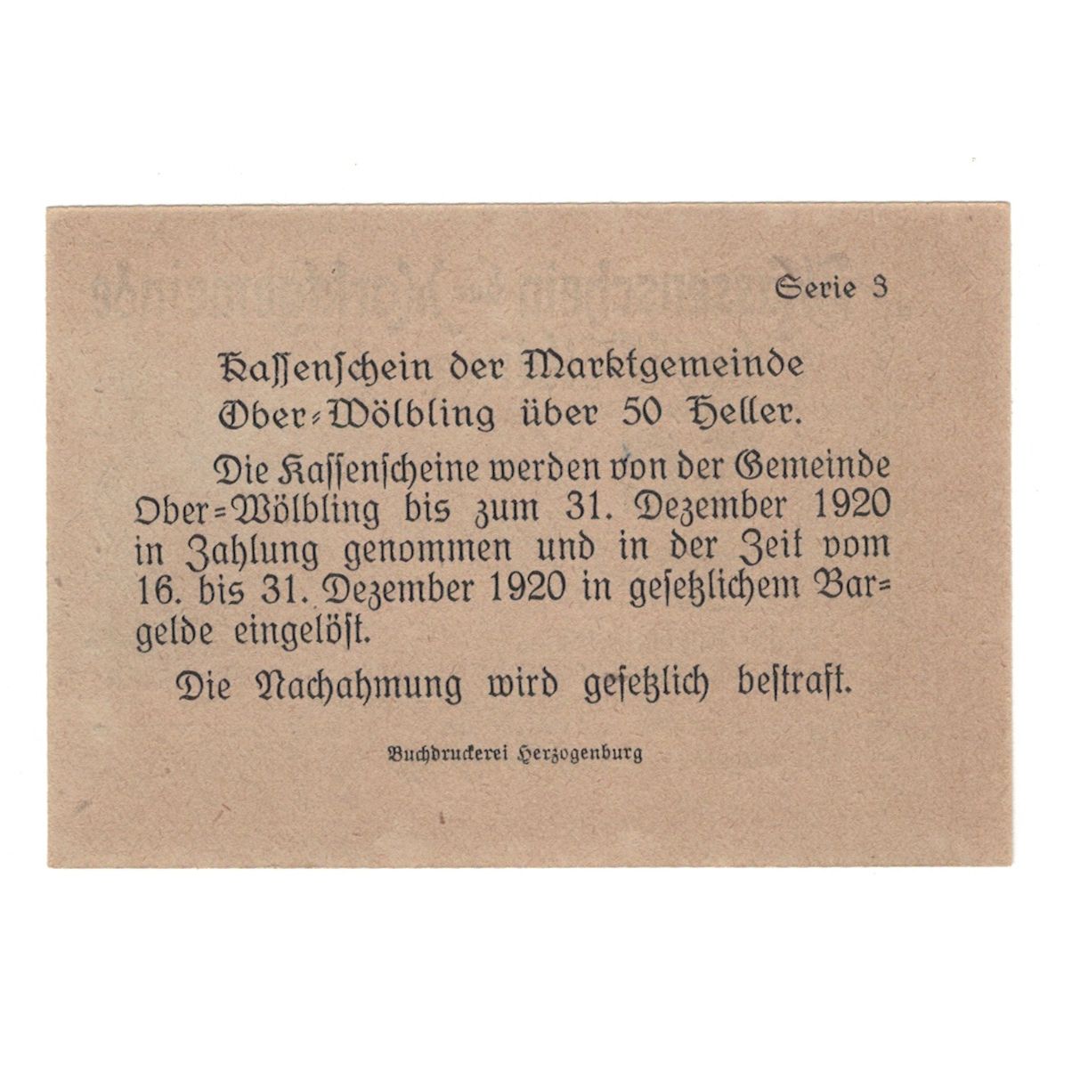 Banknote, Austria, Ober-Wölbling N.Ö. Marktgemeinde, 50 Heller, Texte 2, 1920