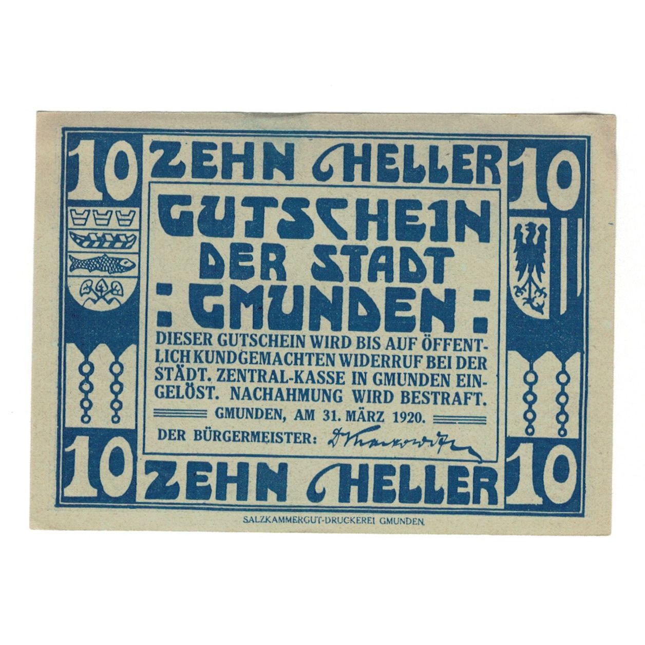 Billete, Austria, Gmunden O.Ö. Stadt, 10 Heller, bateau 1, 1920, 1920-03-31