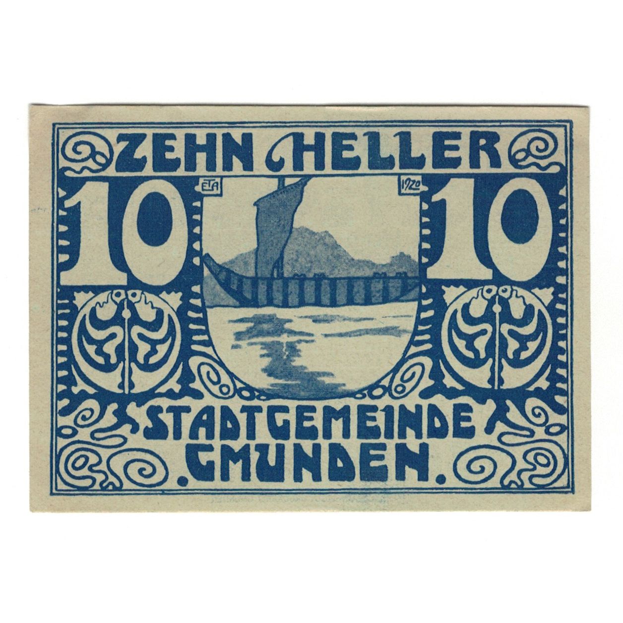 Billete, Austria, Gmunden O.Ö. Stadt, 10 Heller, bateau 1, 1920, 1920-03-31