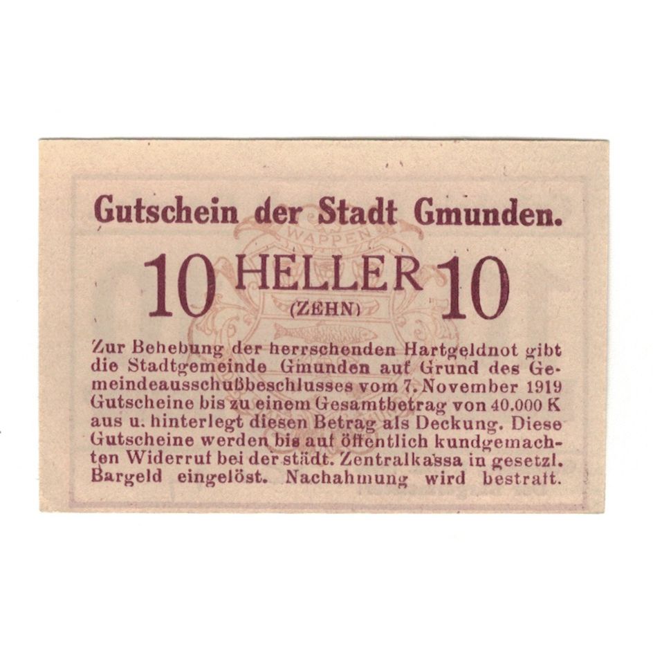 Billete, Austria, Gmunden O.Ö. Stadt, 10 Heller, Texte, 1920, 1920-01-03, EBC