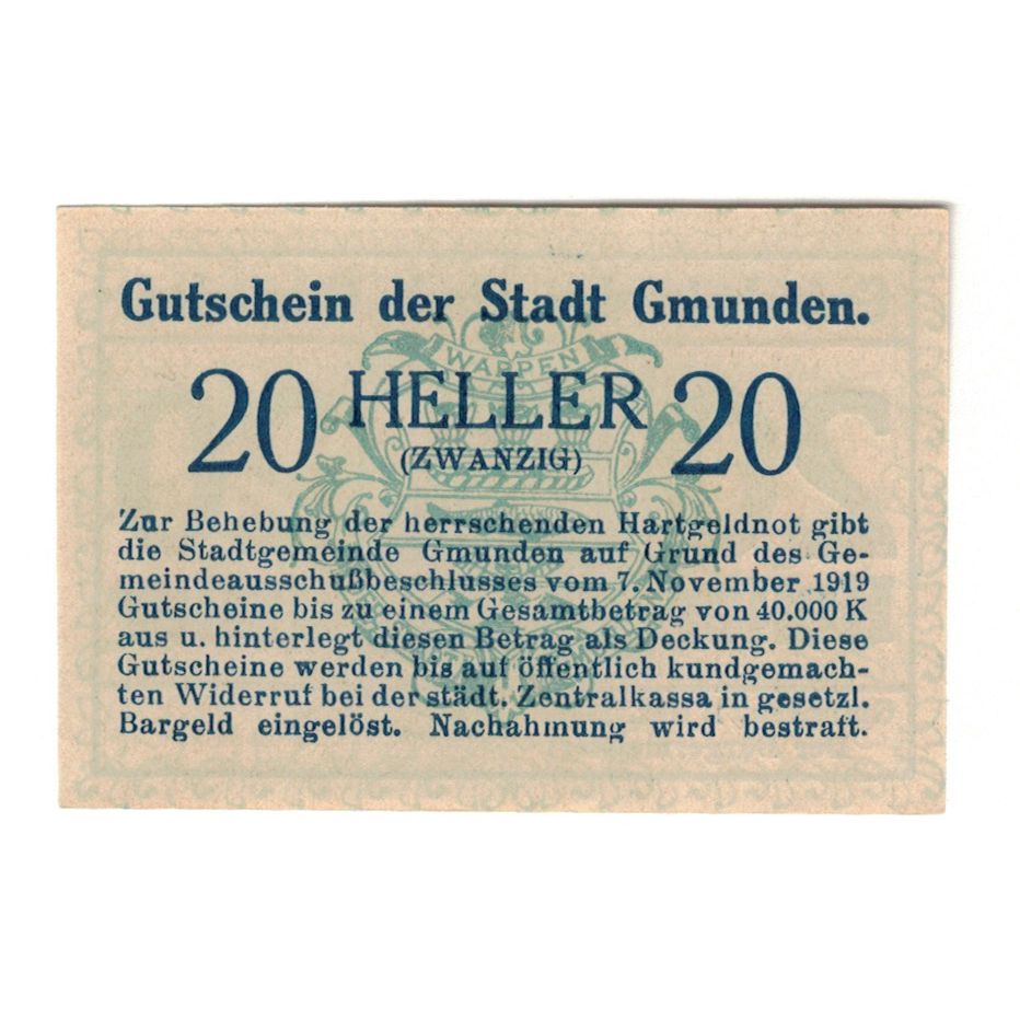 Billete, Austria, Gmunden O.Ö. Stadt, 20 Heller, Texte, 1920, 1920-01-03, EBC