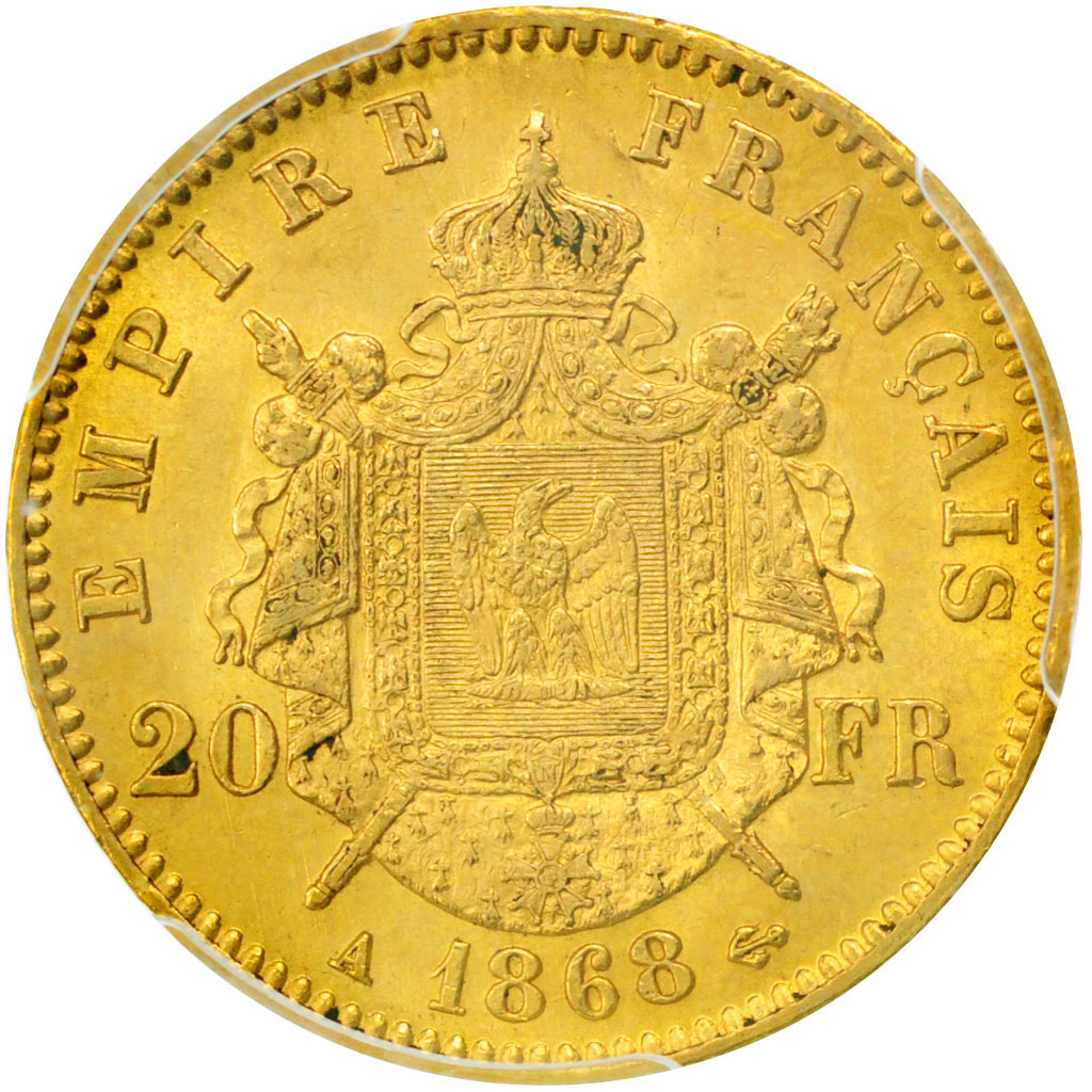 Second Empire, 20 francs or Napoléon III tête laurée, PCGS MS62