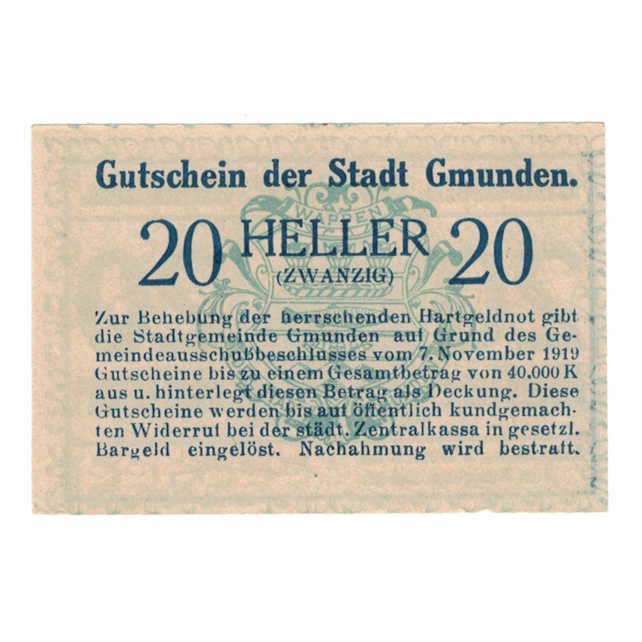 Billete, Austria, Gmunden O.Ö. Stadt, 20 Heller, texte 1, 1920, 1920-01-03