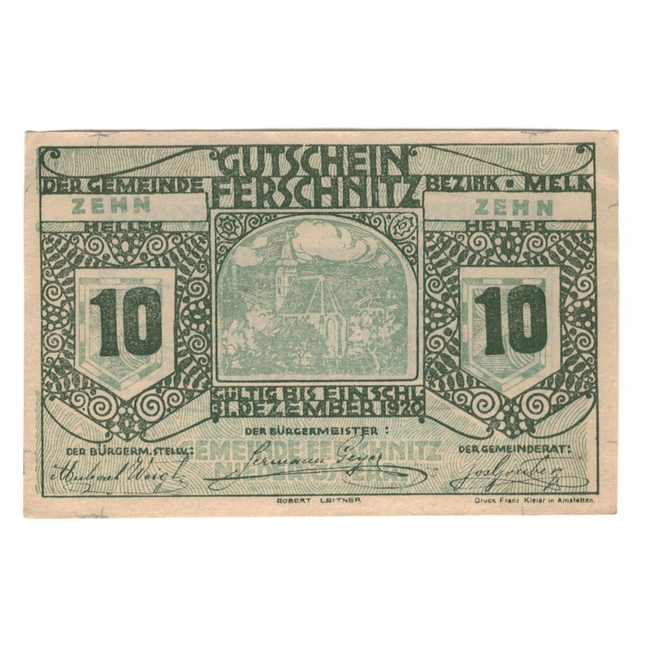 Banknote, Austria, Ferschnitz N.Ö. Gemeinde, 10 Heller, Texte, 1920