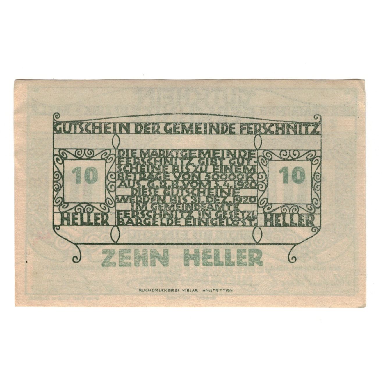 Banknote, Austria, Ferschnitz N.Ö. Gemeinde, 10 Heller, Texte, 1920