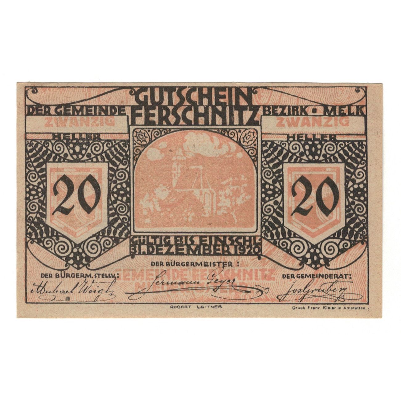 Banconote, Austria, Ferschnitz N.Ö. Gemeinde, 20 Heller, Texte, 1920