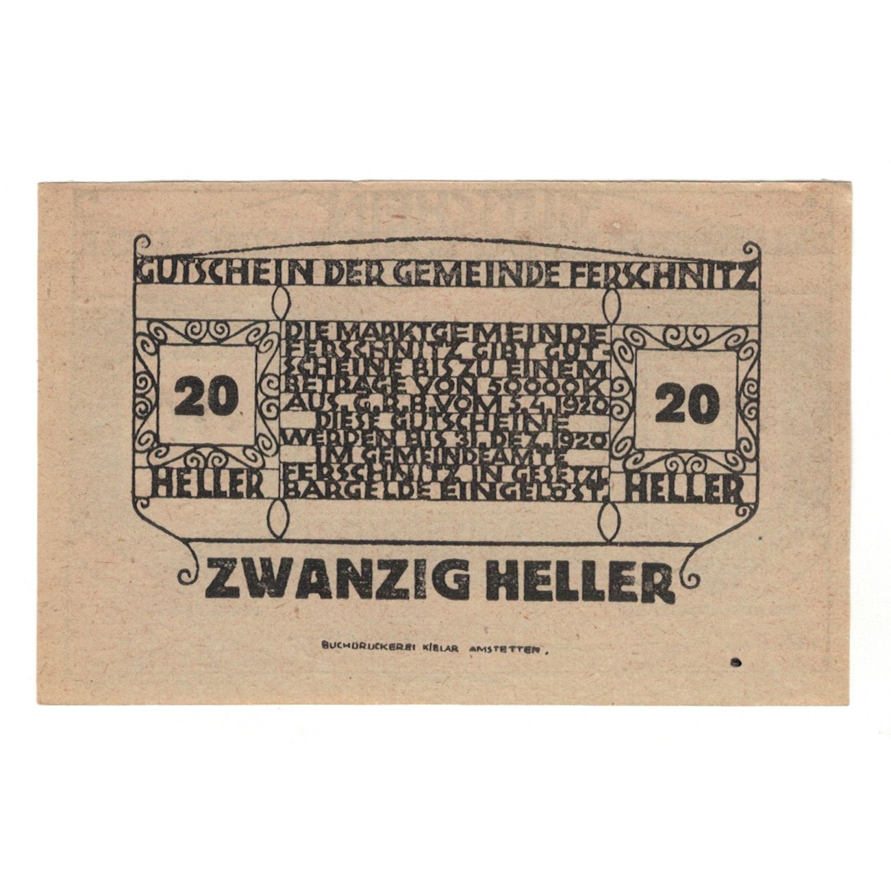 Banconote, Austria, Ferschnitz N.Ö. Gemeinde, 20 Heller, Texte, 1920