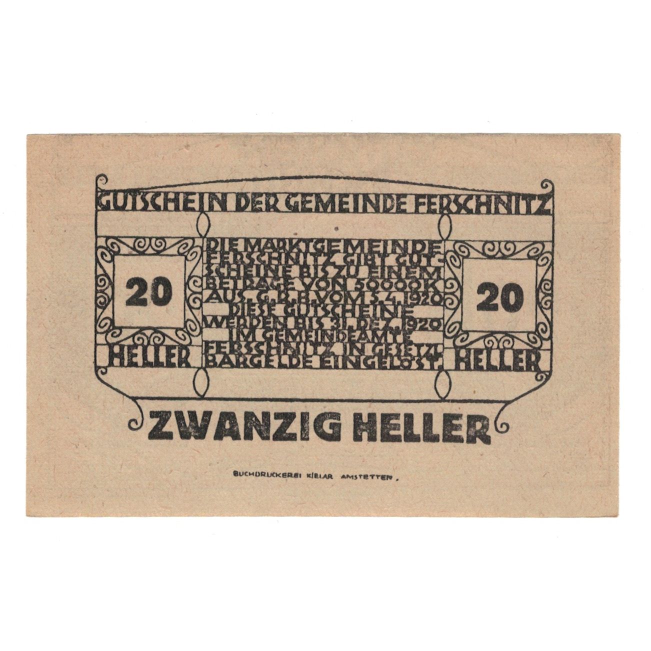 Nota, Áustria, Ferschnitz N.Ö. Gemeinde, 20 Heller, texte 1, 1920, 1920-12-31